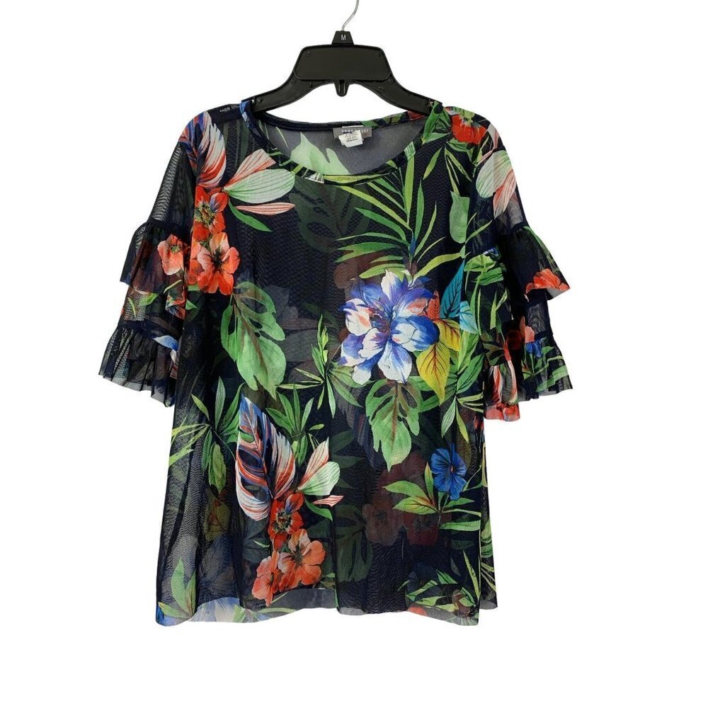 San Souci Women's Shear Floral Ruffled Sleeve Blouse